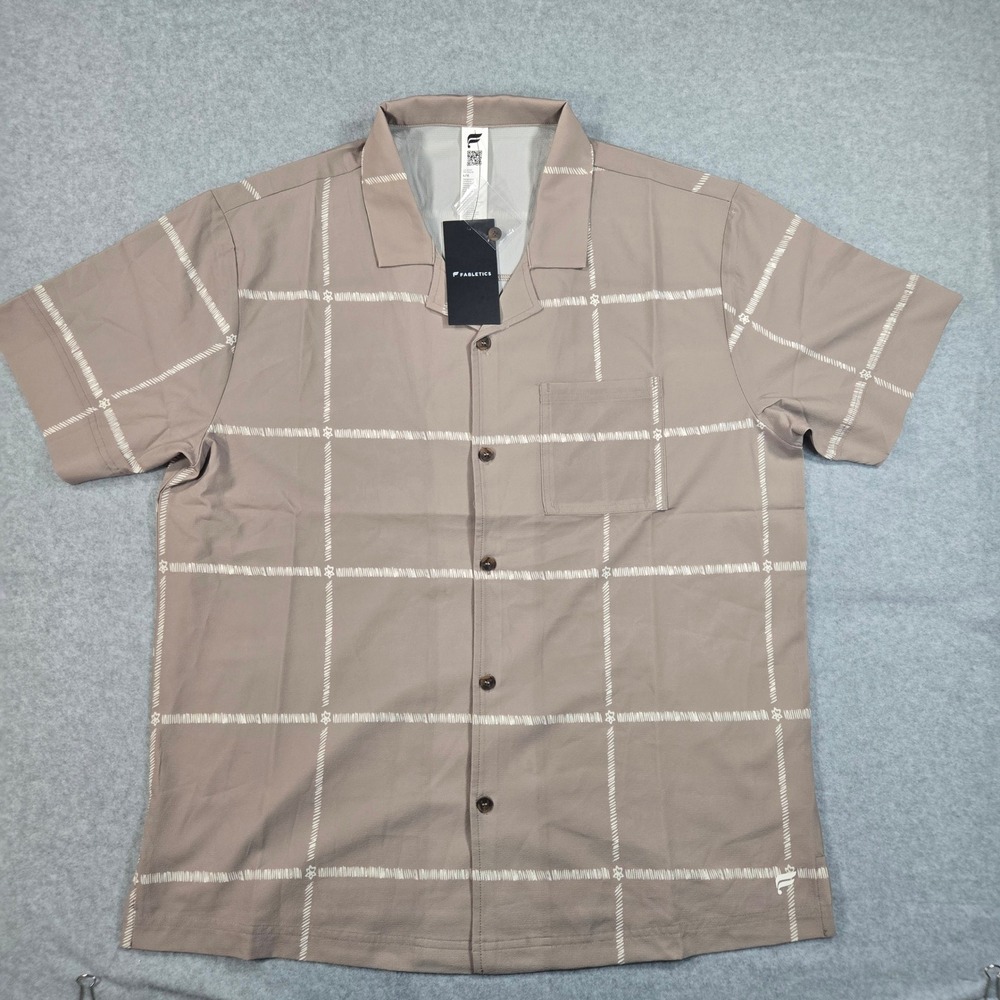 Fabletics Mens Large Tan Grid Print SS NWT Camp Collar Button Down Shirt